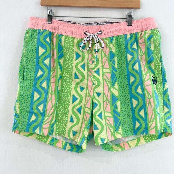 Party Pants Men's Vibrant Neon Swim Trunks XL Swimming Fun Print Pink Green 5" - Picture 1 of 8